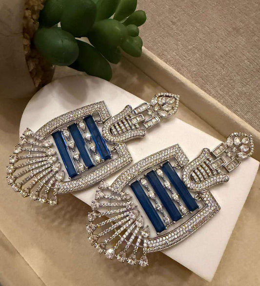 Gold Plated Sapphire Blue Statement Earrings, CZ Geometric Drop Earrings