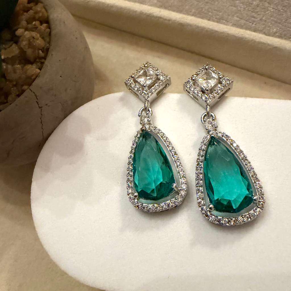 Gold Plated Emerald Green Teardrop Earrings, CZ Halo Drop Earrings