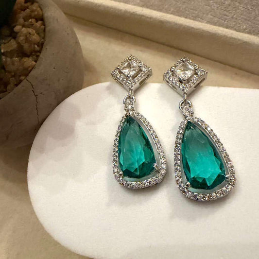 Gold Plated Emerald Green Teardrop Earrings, CZ Halo Drop Earrings