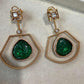 Gold Plated Green Statement Drop Earrings, Floral Carved Stone Earrings