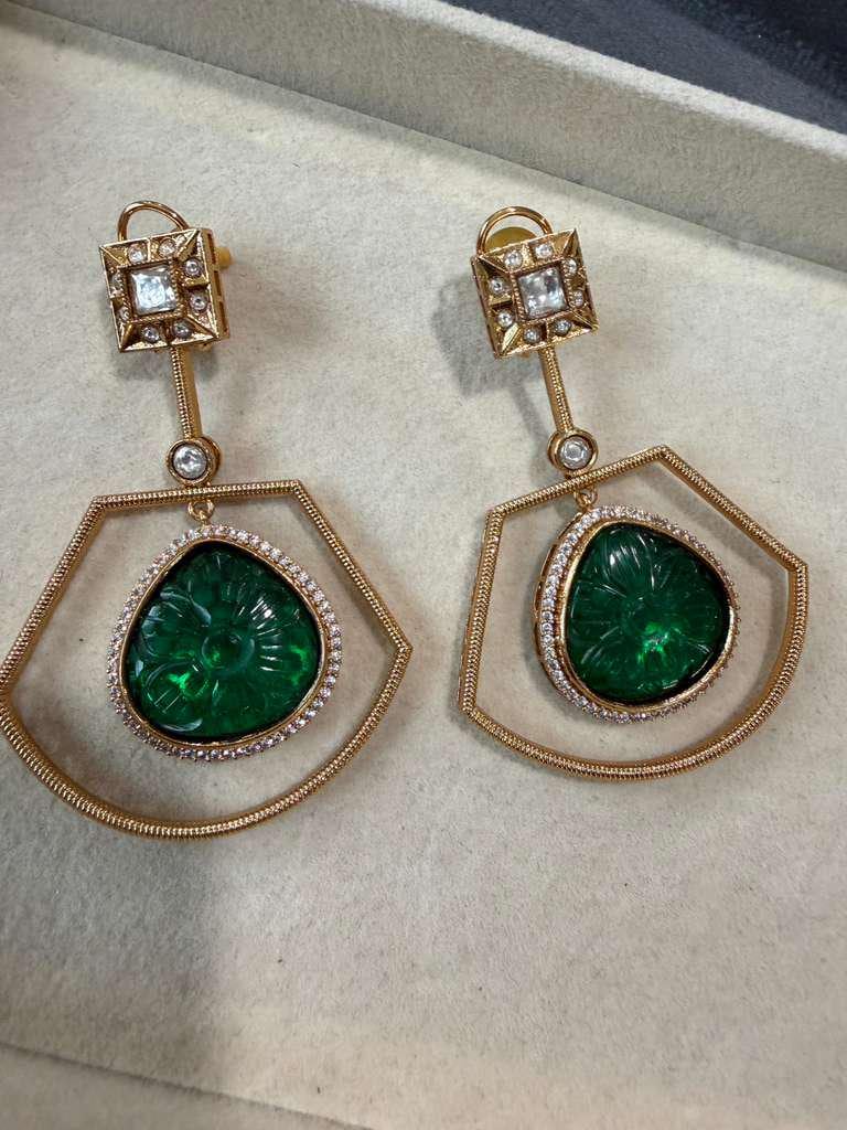 Gold Plated Green Statement Drop Earrings, Floral Carved Stone Earrings