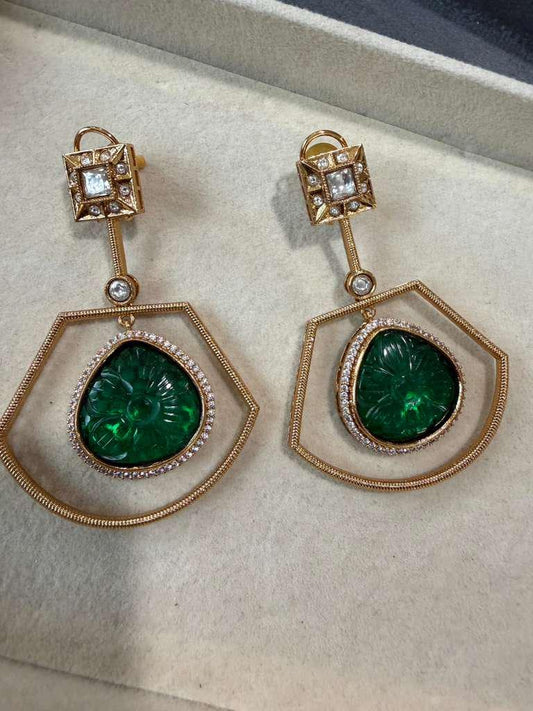 Gold Plated Green Statement Drop Earrings, Floral Carved Stone Earrings