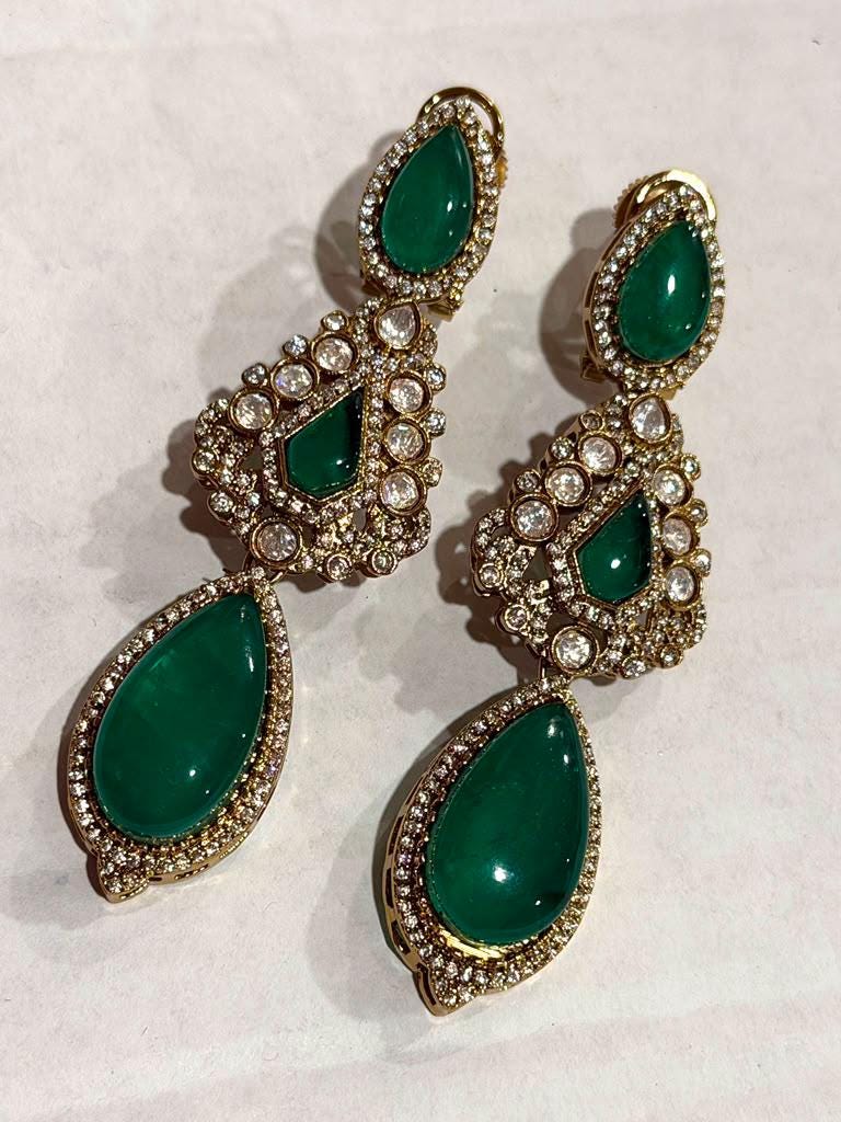 Classic Gold Plated Drop Earrings with Vibrant Emerald Teardrop Detail
