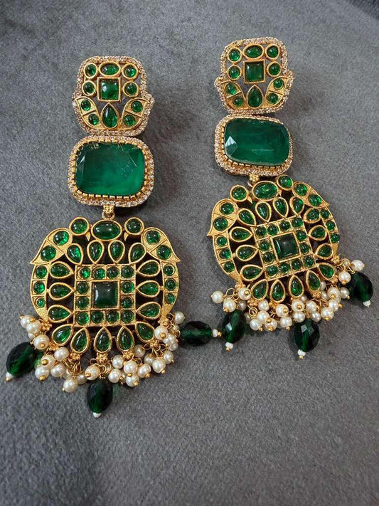 Gold Plated Emerald Green Statement Earrings, Designer Chandbali Earrings