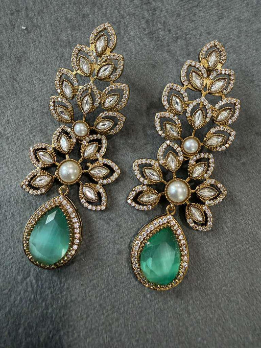Gold Plated Emerald Green Drop Earrings, Designer Pearl Statement Earrings