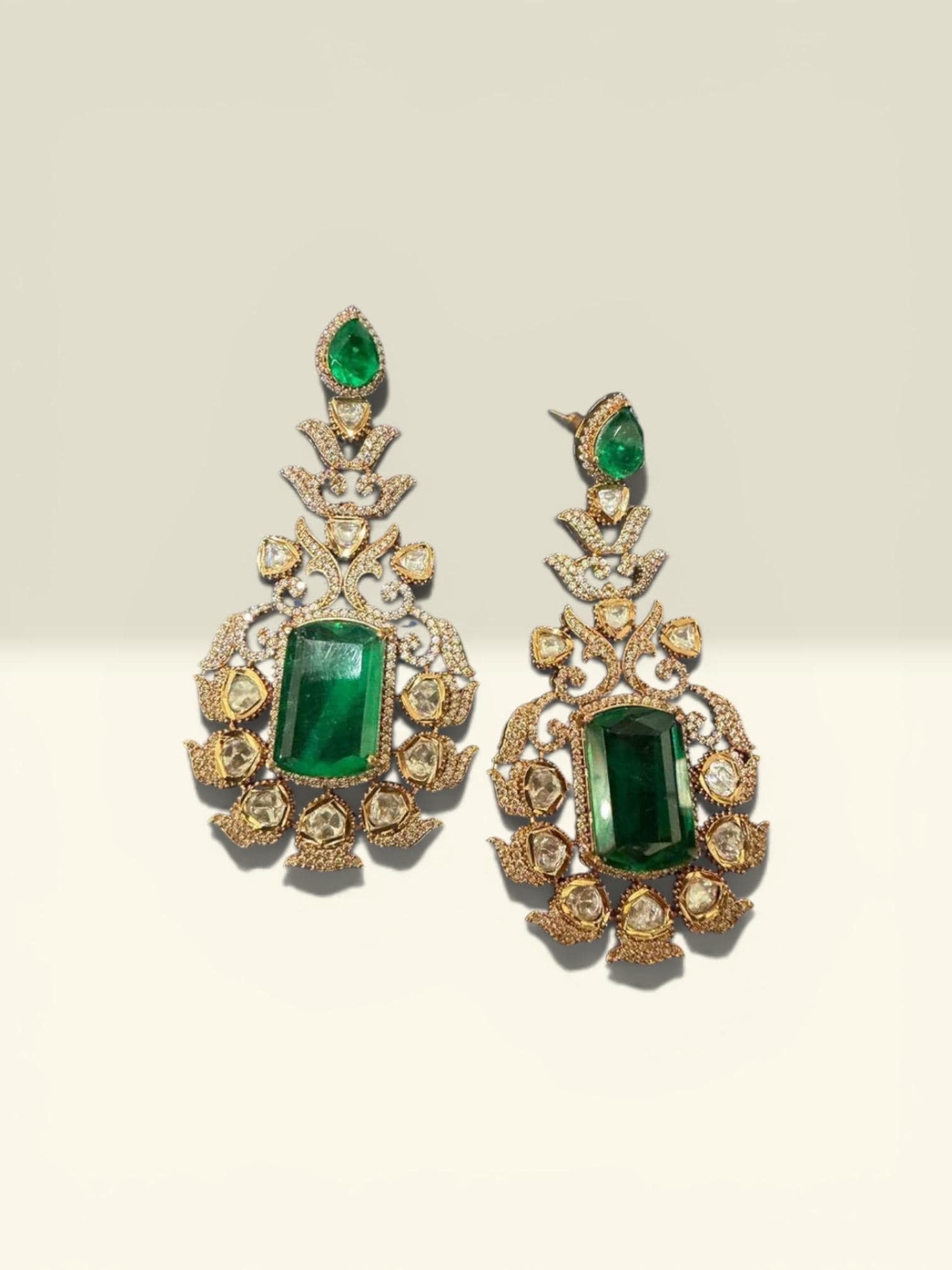 Gold Plated Emerald Green Statement Earrings, Kundan Style Bridal Earrings