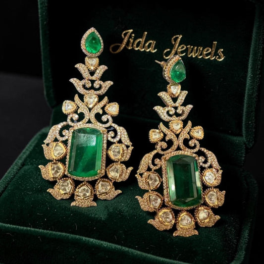 Gold Plated Emerald Green Statement Earrings, Kundan Style Bridal Earrings