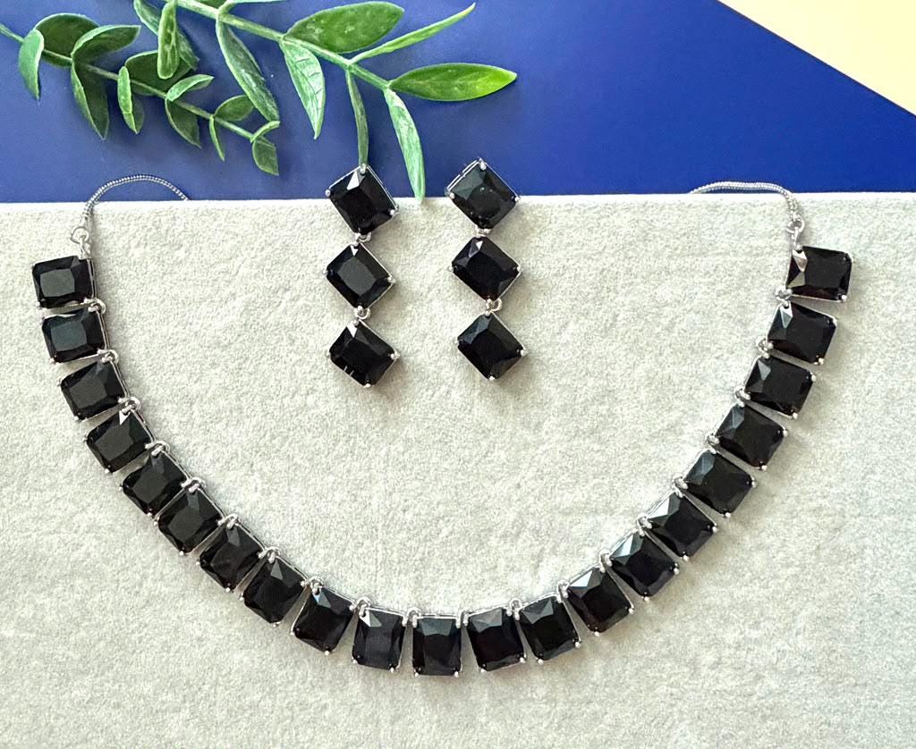 Square Cut Gem Necklace Set with Coordinated Statement Earrings black
