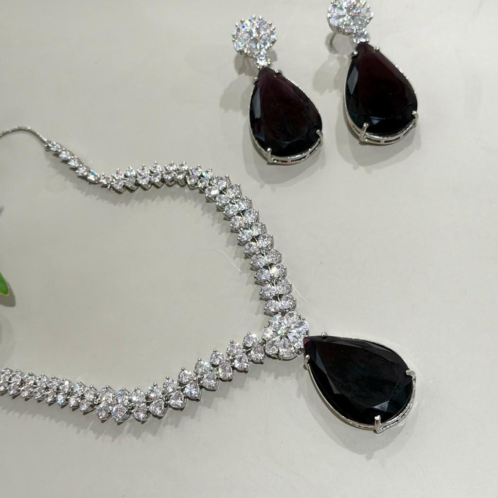 Sparkling Highend CZ Pendant Necklace and Earrings Set for Weddings and Receptions purple stone