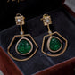 Gold Plated Green Statement Drop Earrings, Floral Carved Stone Earrings