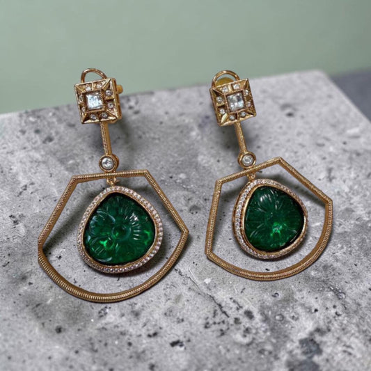 Gold Plated Green Statement Drop Earrings, Floral Carved Stone Earrings