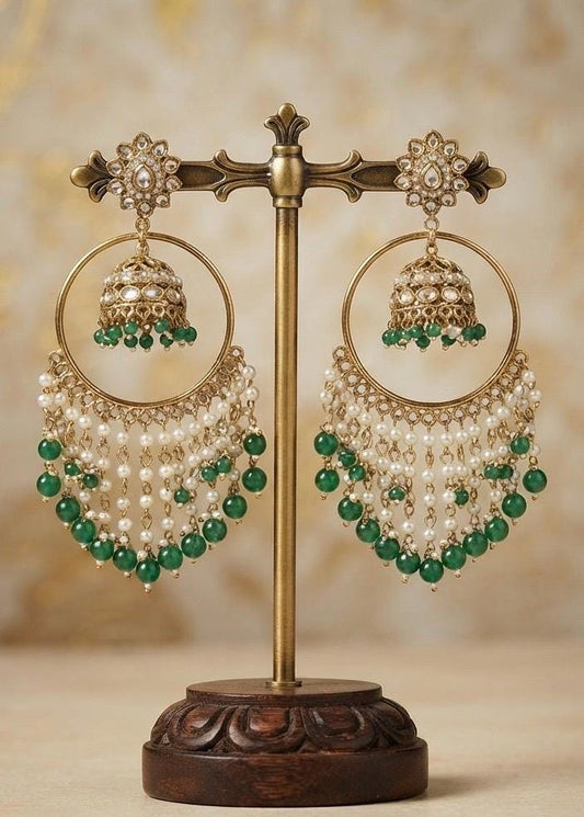 Gold Plated Hoop Jhumka Earrings, Green Beaded Chandbali Earrings
