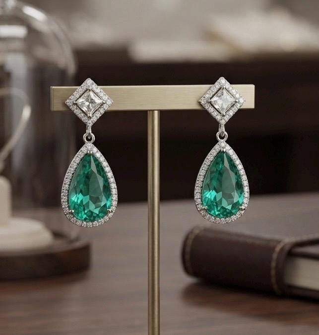 Gold Plated Emerald Green Teardrop Earrings, CZ Halo Drop Earrings