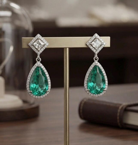 Gold Plated Emerald Green Teardrop Earrings, CZ Halo Drop Earrings