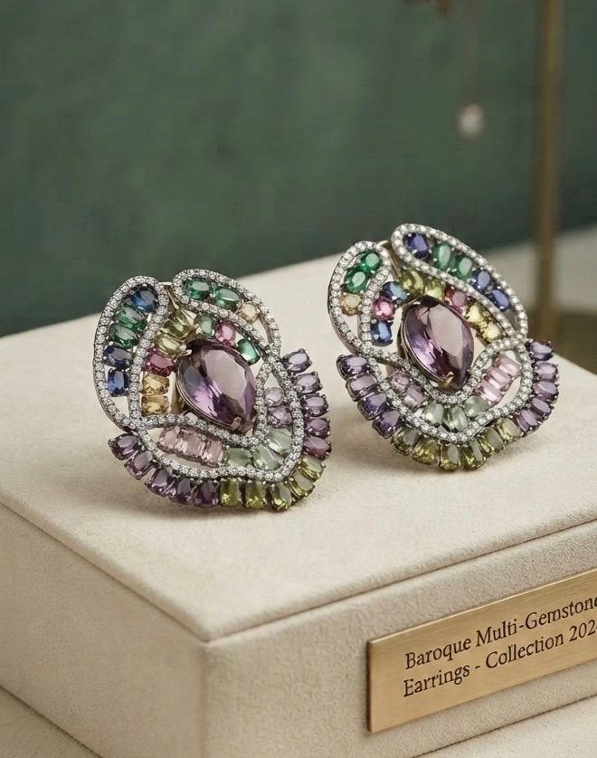 Gold Plated Multicolor Statement Stud Earrings, Peacock Inspired CZ Earrings