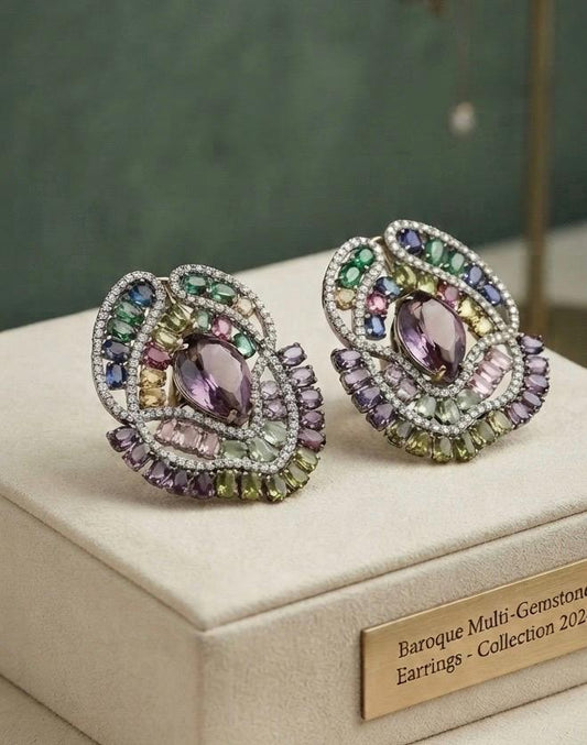 Gold Plated Multicolor Statement Stud Earrings, Peacock Inspired CZ Earrings