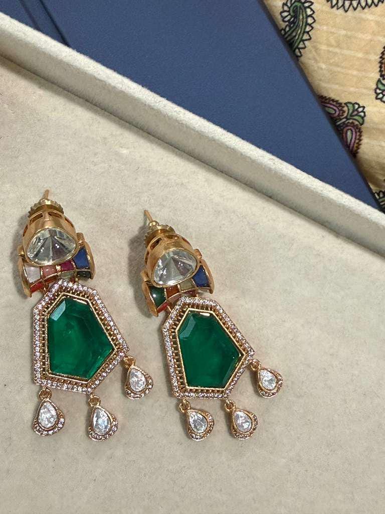 Gold Plated Emerald Green Drop Earrings, Designer Statement Earrings
