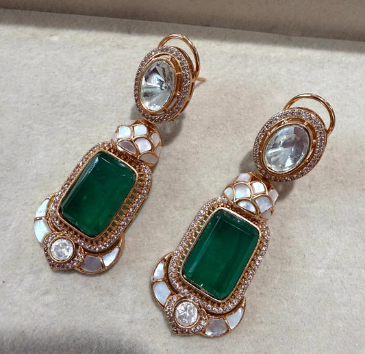 Gold Plated Emerald Green Statement Earrings, Designer Drop Earrings