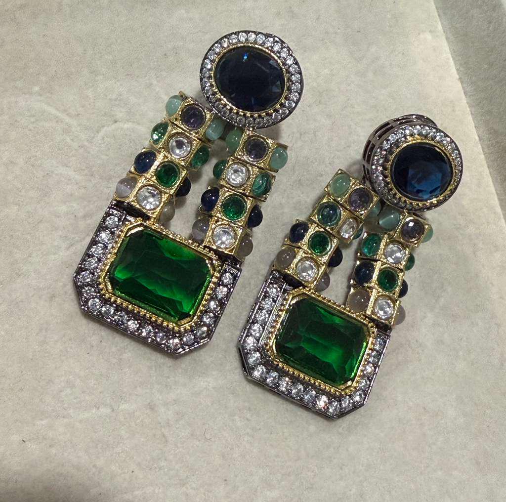 Gold Plated Emerald Green Statement Earrings, Sapphire Blue Drop Earrings