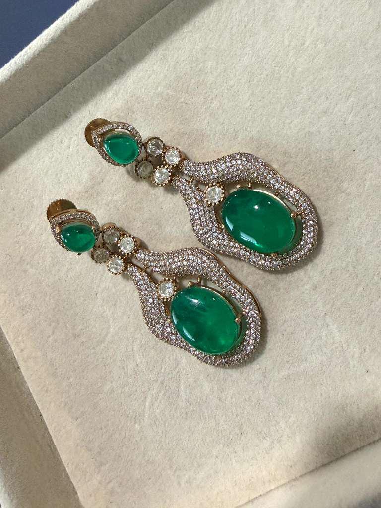 Gold Plated Emerald Green Statement Earrings, CZ Halo Drop Earrings
