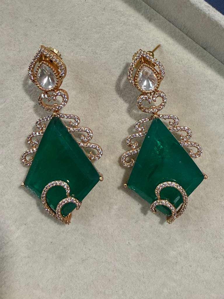 Gold Plated Emerald Green Statement Earrings, Geometric Drop Earrings