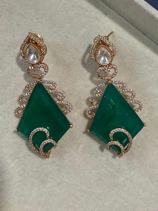 Gold Plated Emerald Green Statement Earrings, Geometric Drop Earrings