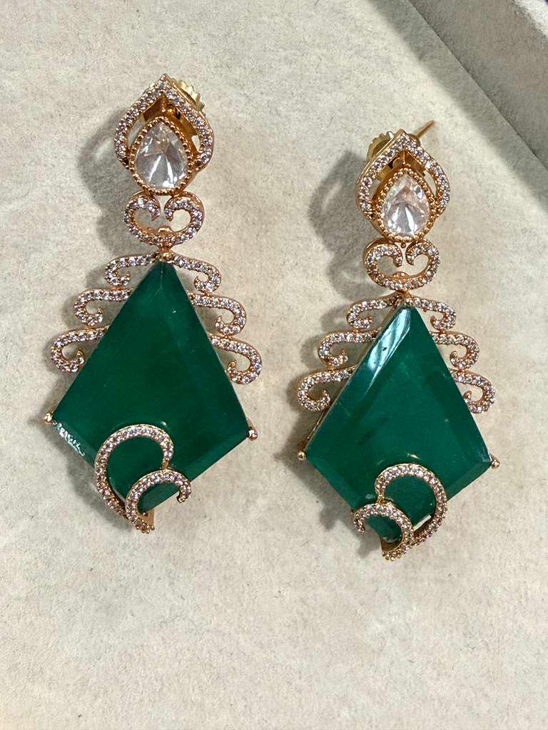 Gold Plated Emerald Green Statement Earrings, Geometric Drop Earrings