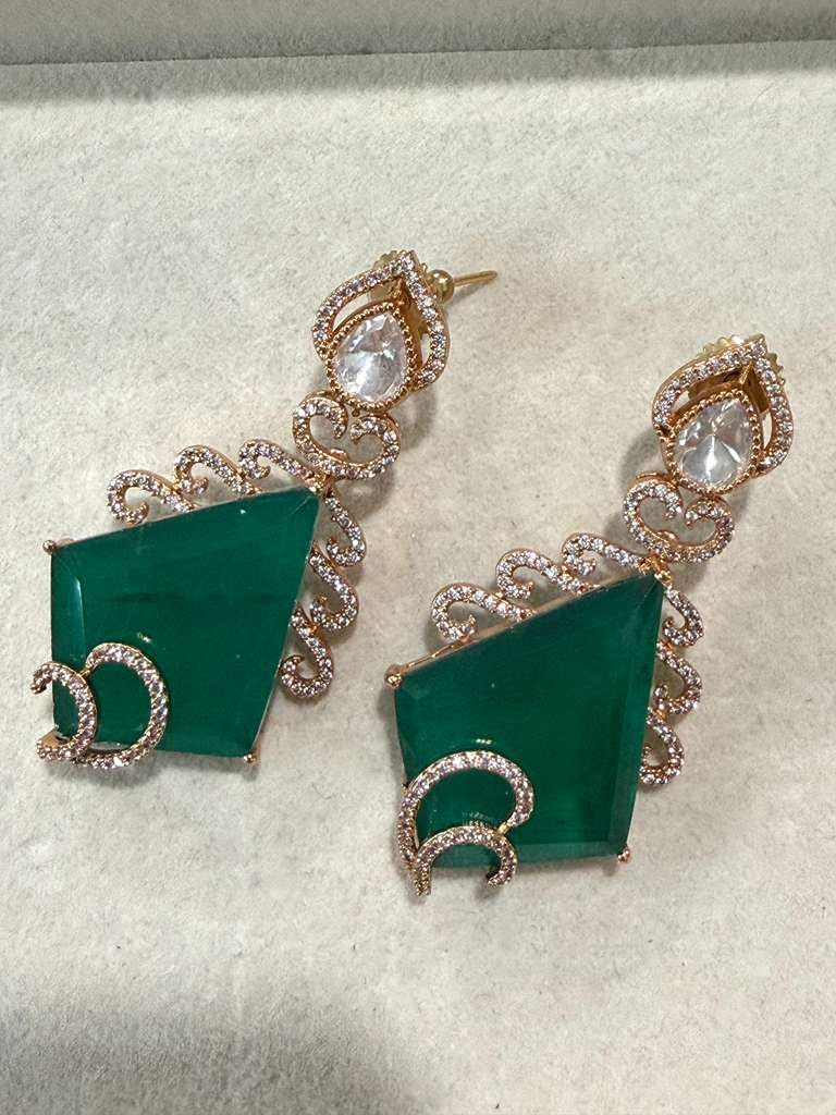 Gold Plated Emerald Green Statement Earrings, Geometric Drop Earrings