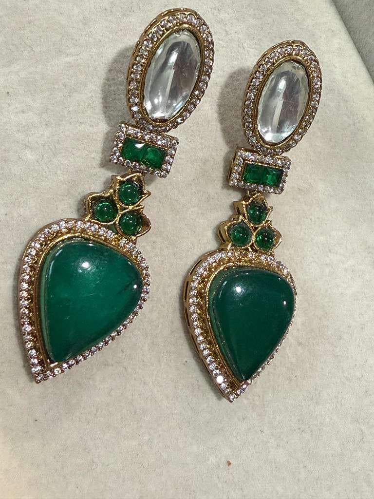 Gold Plated Emerald Green Statement Earrings, Designer CZ Drop Earrings