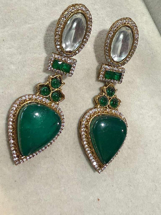 Gold Plated Emerald Green Statement Earrings, Designer CZ Drop Earrings