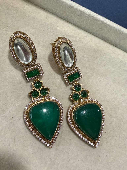 Gold Plated Emerald Green Statement Earrings, Designer CZ Drop Earrings