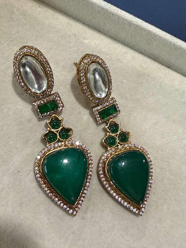 Gold Plated Emerald Green Statement Earrings, Designer CZ Drop Earrings