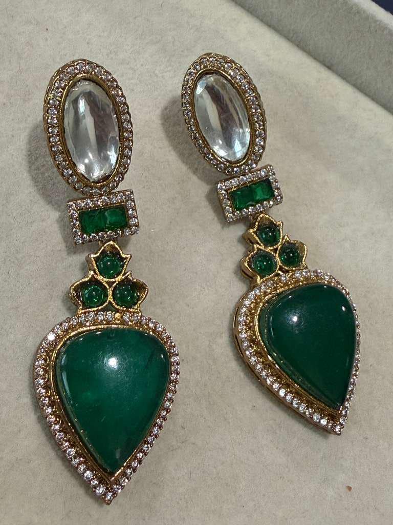 Gold Plated Emerald Green Statement Earrings, Designer CZ Drop Earrings