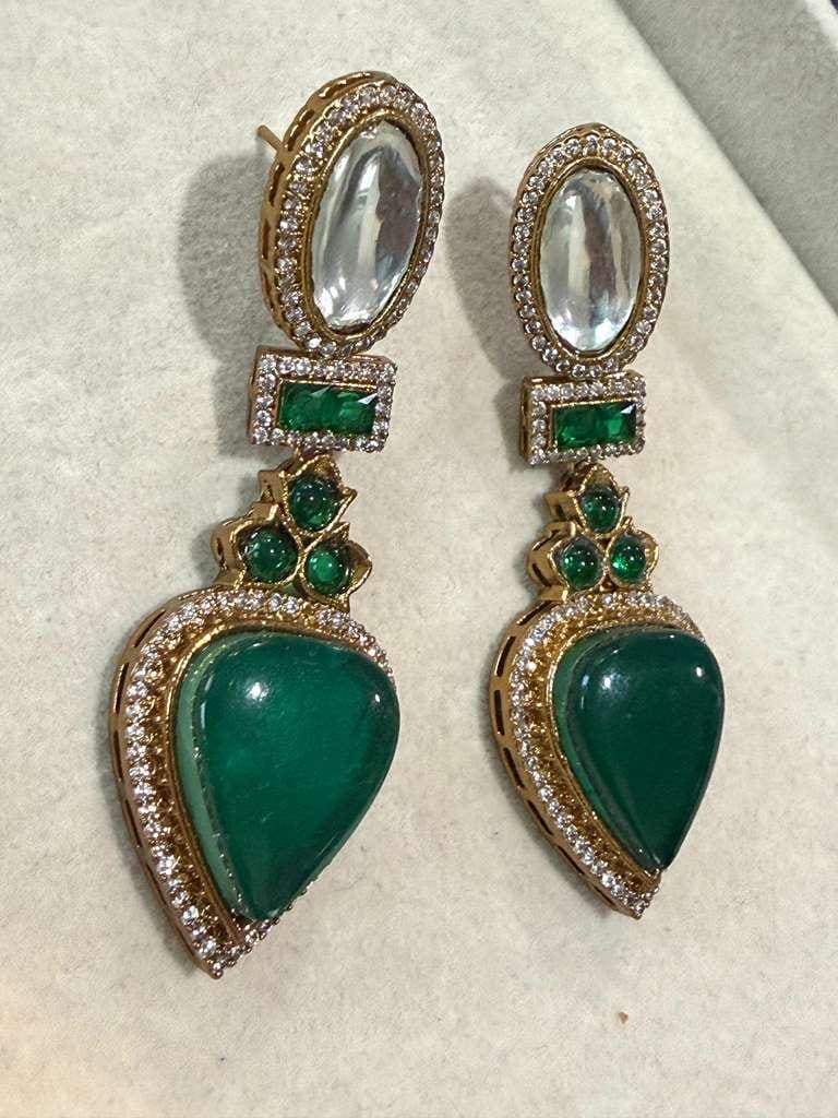Gold Plated Emerald Green Statement Earrings, Designer CZ Drop Earrings