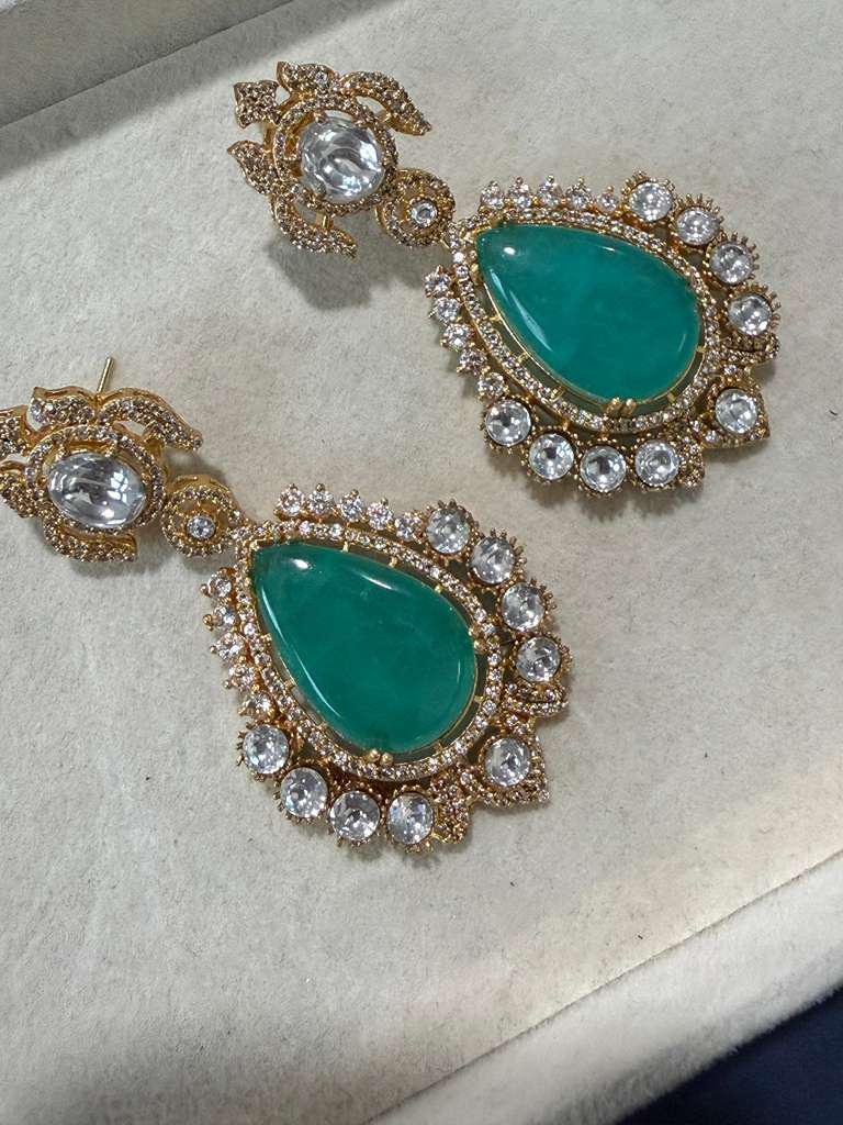 Gold Plated Emerald Green Statement Earrings, Teardrop CZ Dangle Earrings
