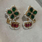 Gold Plated Floral Pearl Stud Earrings, Emerald Green & Ruby Red Designer Earrings