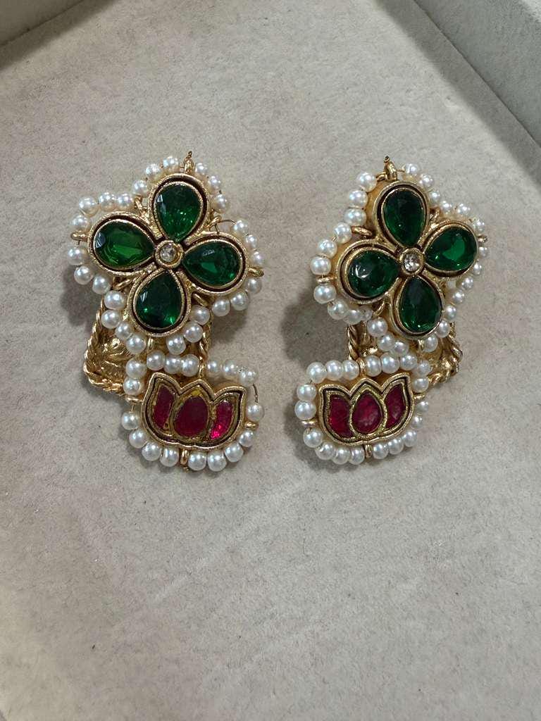 Gold Plated Floral Pearl Stud Earrings, Emerald Green & Ruby Red Designer Earrings