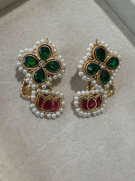 Gold Plated Floral Pearl Stud Earrings, Emerald Green & Ruby Red Designer Earrings