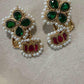 Gold Plated Floral Pearl Stud Earrings, Emerald Green & Ruby Red Designer Earrings