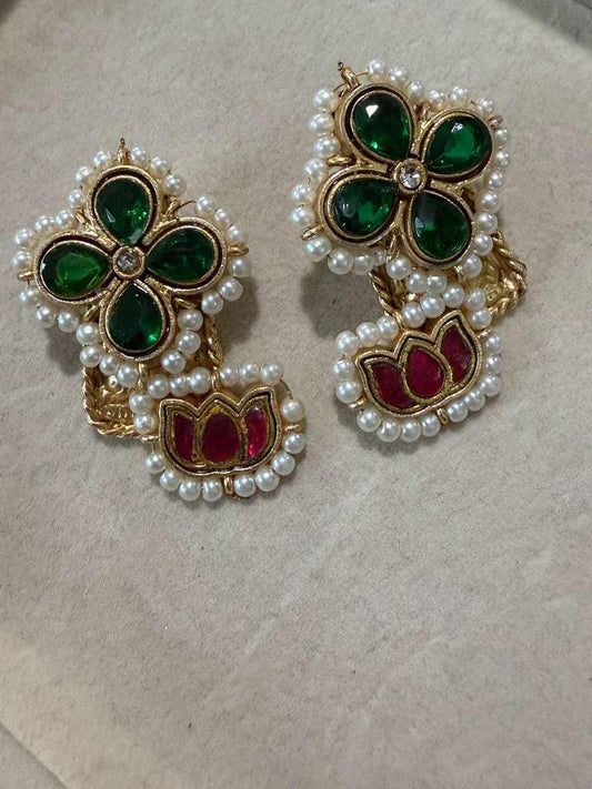 Gold Plated Floral Pearl Stud Earrings, Emerald Green & Ruby Red Designer Earrings