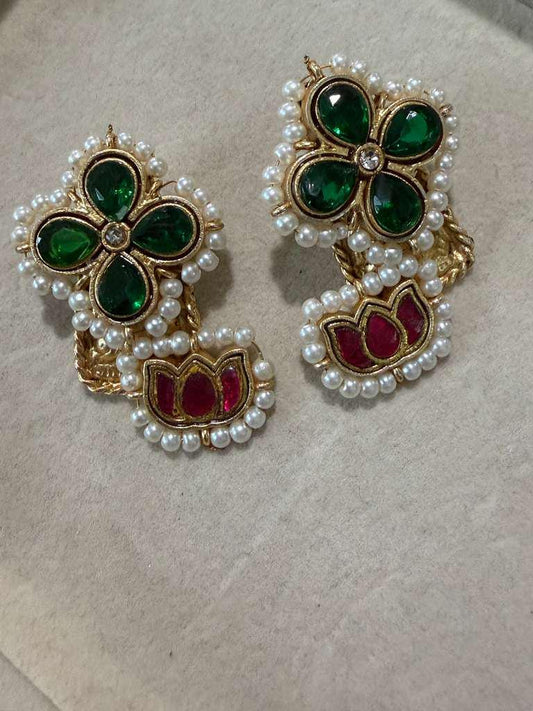 Gold Plated Floral Pearl Stud Earrings, Emerald Green & Ruby Red Designer Earrings