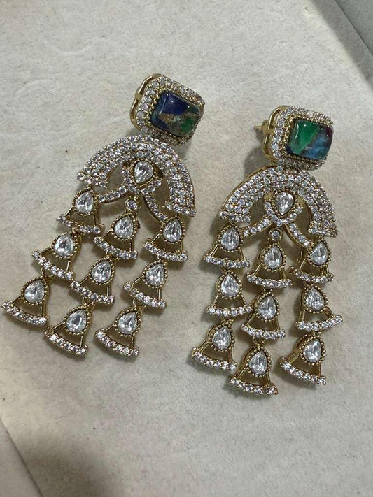Gold Plated CZ Statement Chandelier Earrings, Designer Dangle Earrings