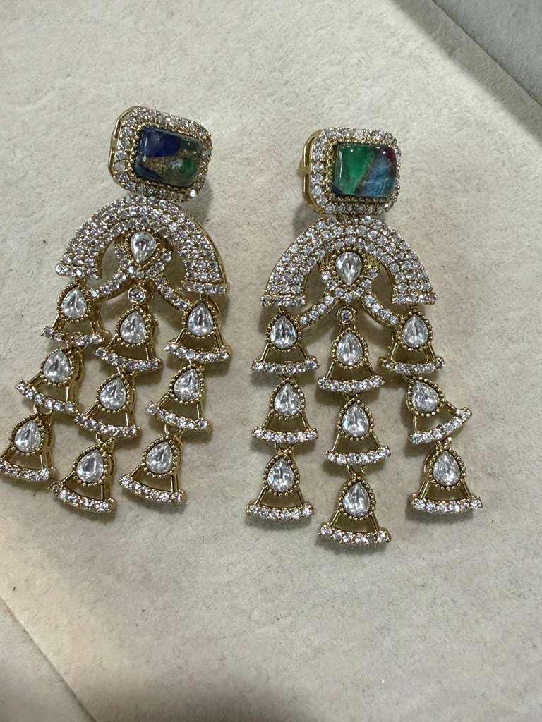 Gold Plated CZ Statement Chandelier Earrings, Designer Dangle Earrings