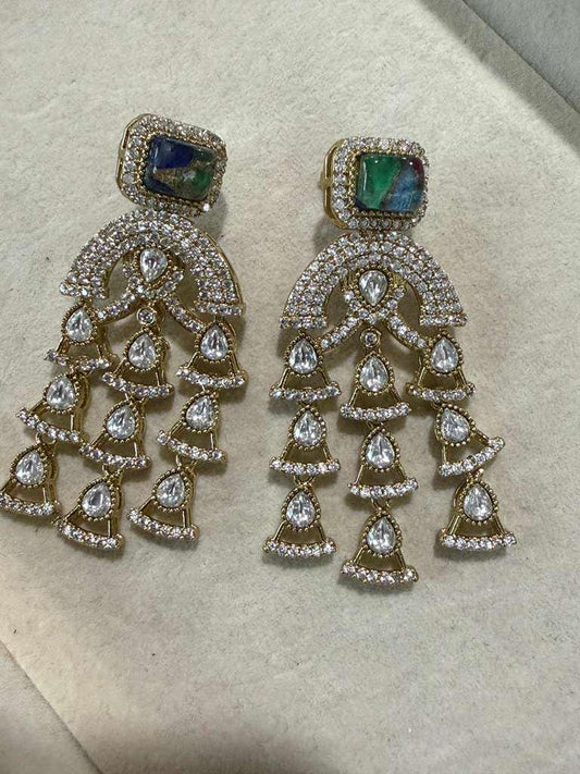 Gold Plated CZ Statement Chandelier Earrings, Designer Dangle Earrings