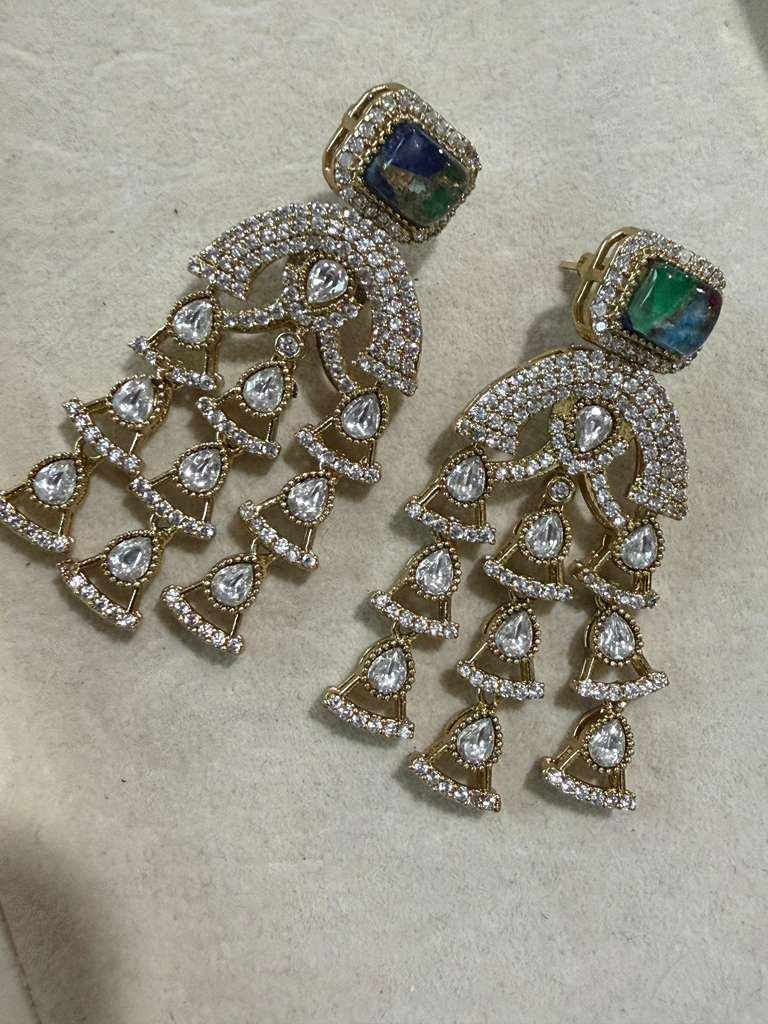 Gold Plated CZ Statement Chandelier Earrings, Designer Dangle Earrings