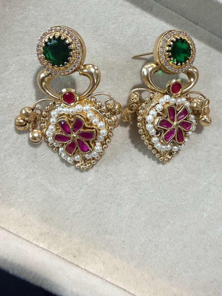 Gold Plated Floral Statement Earrings, Emerald Green & Ruby Red Pearl Dangle Earrings