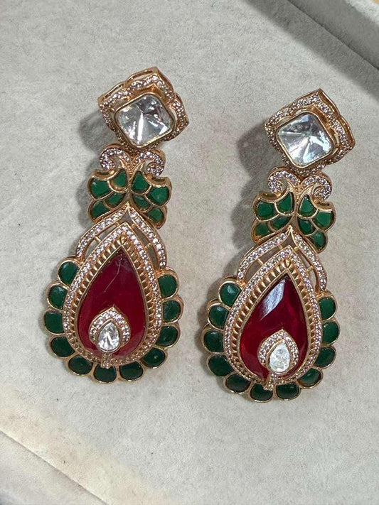 Gold Plated Ruby Green Paisley Statement Earrings, Designer CZ Drop Earrings