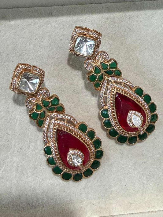 Gold Plated Ruby Green Paisley Statement Earrings, Designer CZ Drop Earrings