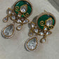 Gold Plated Green Statement Drop Earrings, Designer Kundan Style CZ Earrings