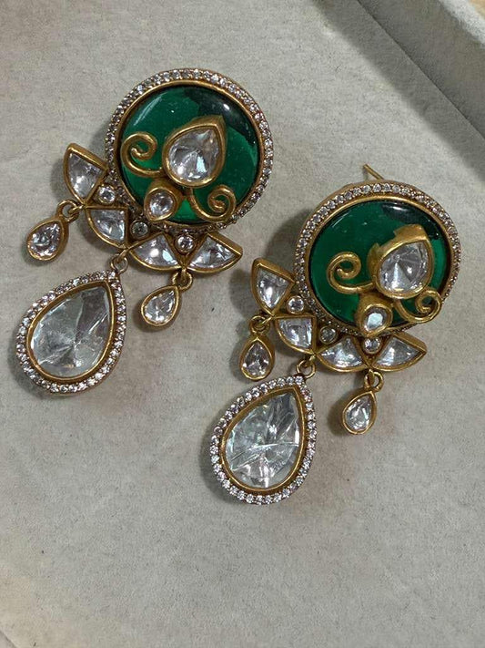 Gold Plated Green Statement Drop Earrings, Designer Kundan Style CZ Earrings